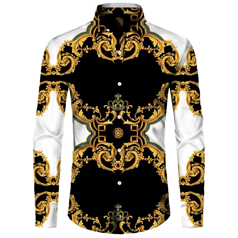 2024 New Luxury Golden Flower Chain 3D Print Men Lapel Button Shirts Long Sleeve Shirt Casual Mens Designer Clothing Streetwear