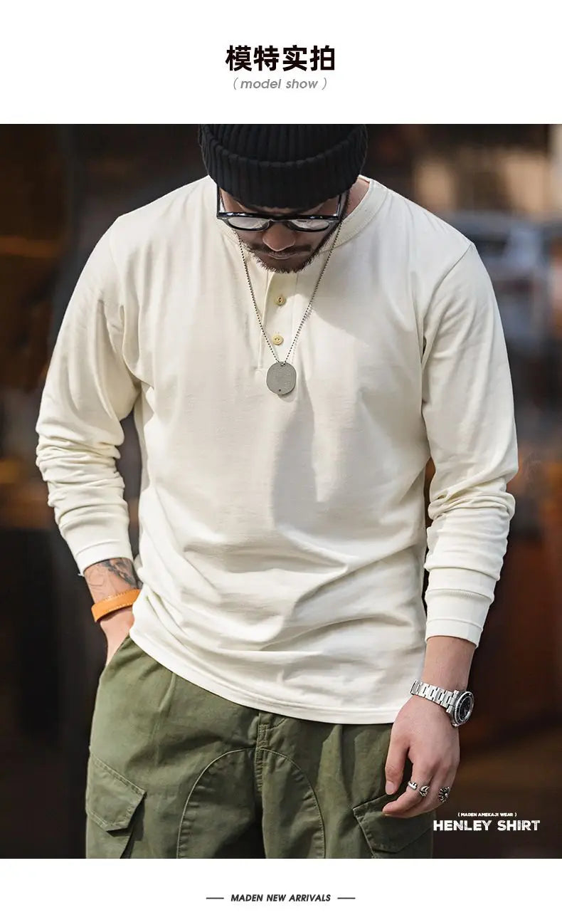 Vintage Daily Stand Neck T-shirt Men's Solid Patchwork Button Trendy Temperament Simple Cotton Long Sleeved Top JJ356