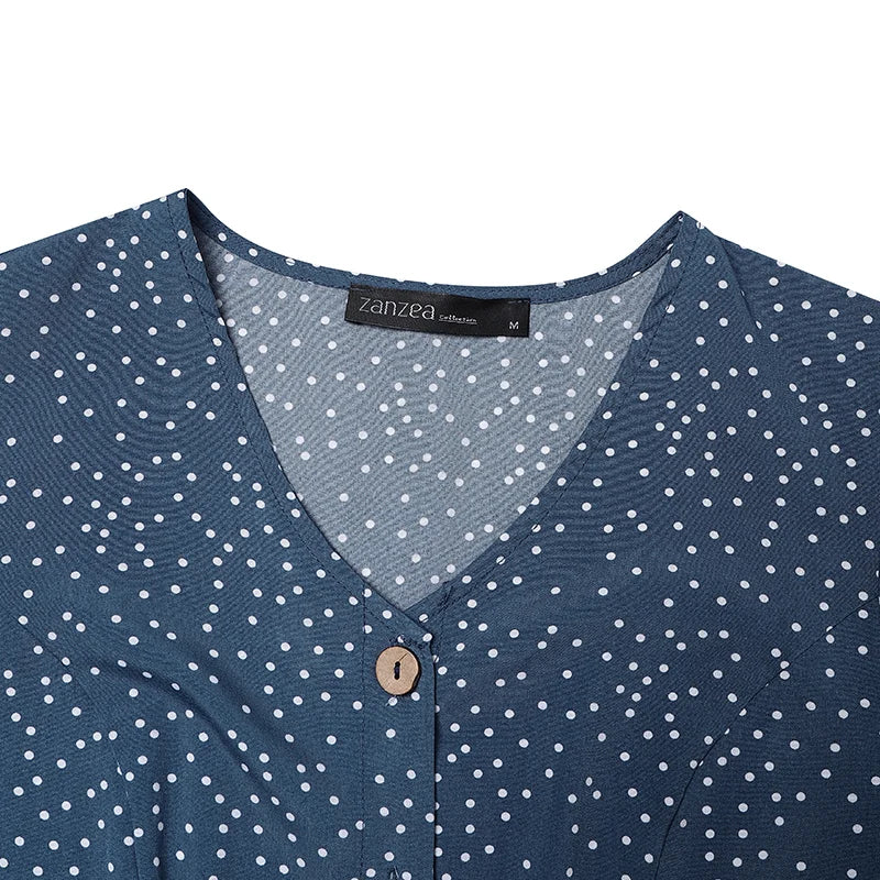 ZANZEA Women Summer Casual Dress 2025 Short Sleeve Polka Dot Bohemian Holiday Sundress V-Neck Loose Buttons Beach Vestidos Robe