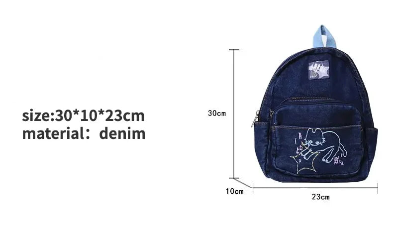 Fashion Small Denim Backpack Kawaii Cat School Bag Mini Cute Schoolbag Deep Blue Backpacks Aesthetic Japanese Preppy Book Bags