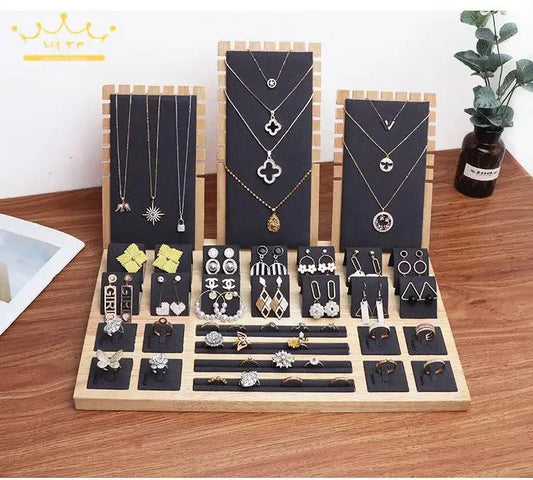 Wood Set Jewelry Counter Display Stand Necklace Pendant Holder Earring Ring Display Tray Props High-Capacity 39*25Cm