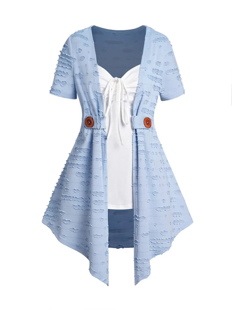 Vintage Plaid Print Crisscross Pointed Hem Faux Twinset T Shirt Women Fashion Casual Retro Combo Twofer 2 In 1 Tees