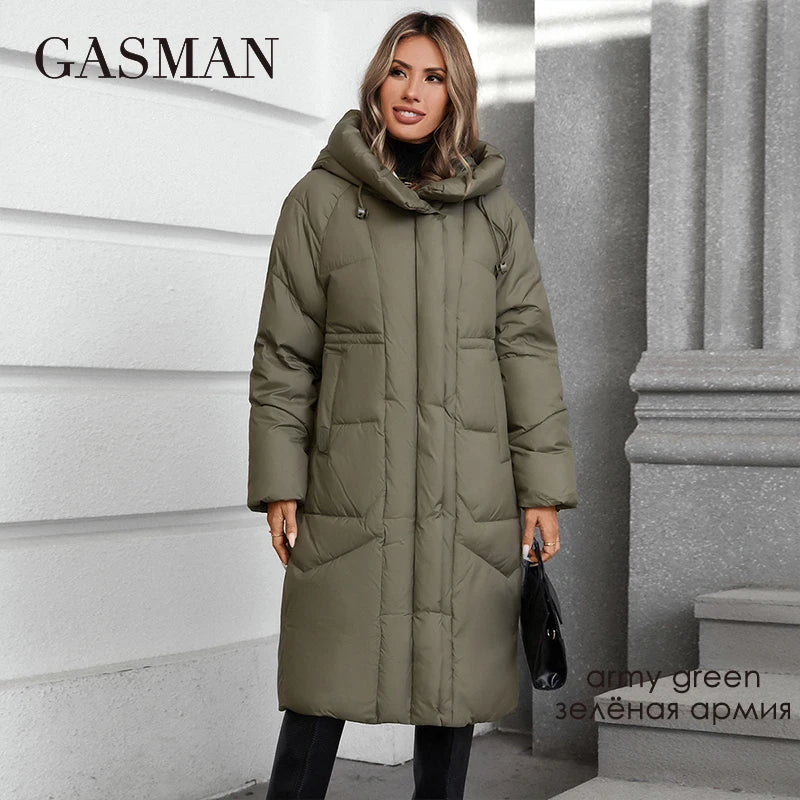 GASMAN 2024 Winter Down Jacket Women Long Classic zipper Design Pocket Stand Collar Hooded Slim Coat Women Parkas 88590
