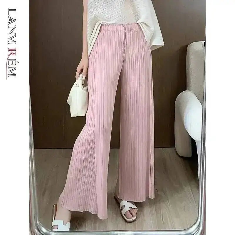 LANMREM patchwork design women's Pleated trousers elastic High Waisted Draped Straight Wide Leg Pants 2025 chic new 2DB3871