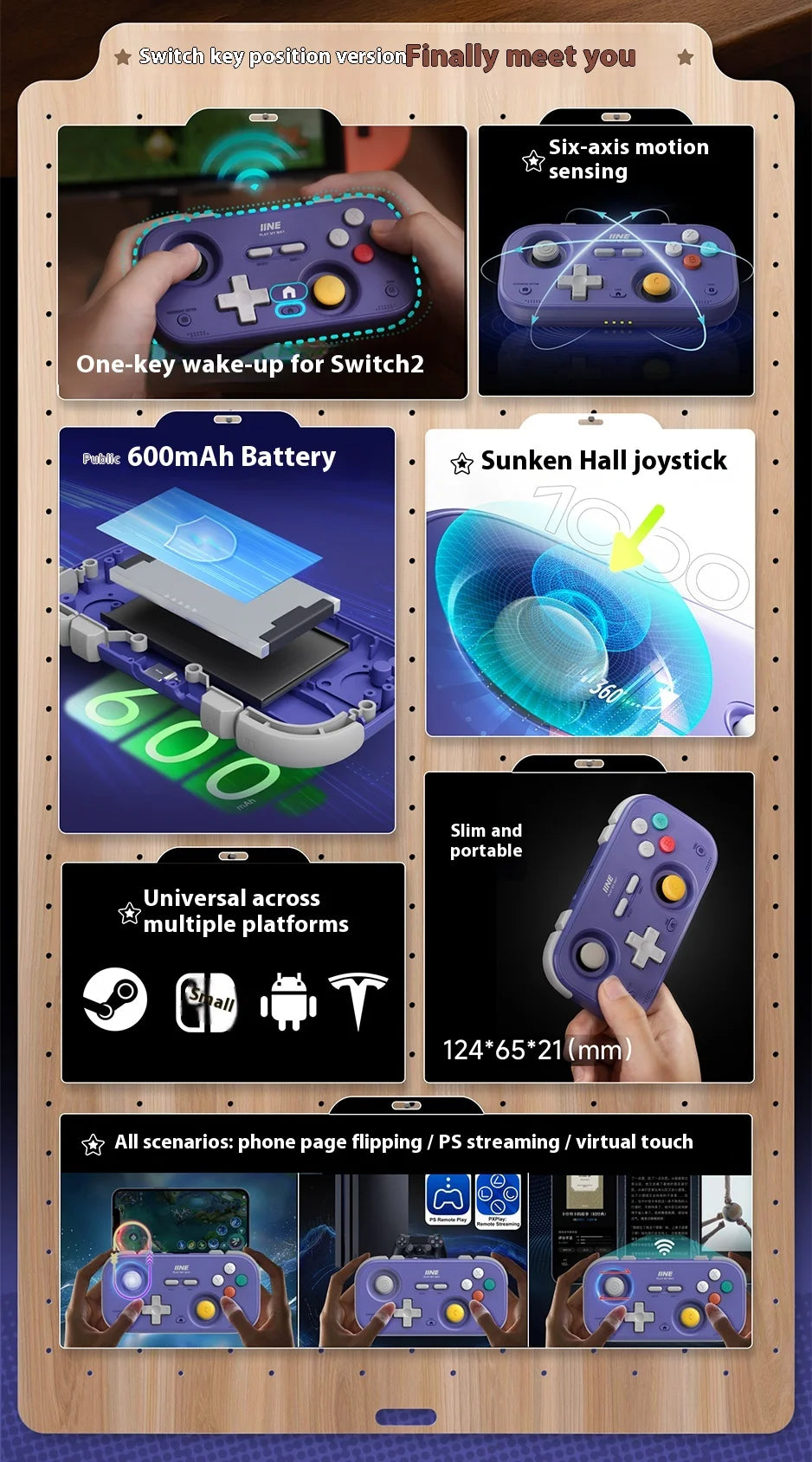 IINE Pocket Mini Controller Palm-Sized Gamepads 1000hz Hall Joystick Short Video Remote Control Suitable for NS2 Android iPhone