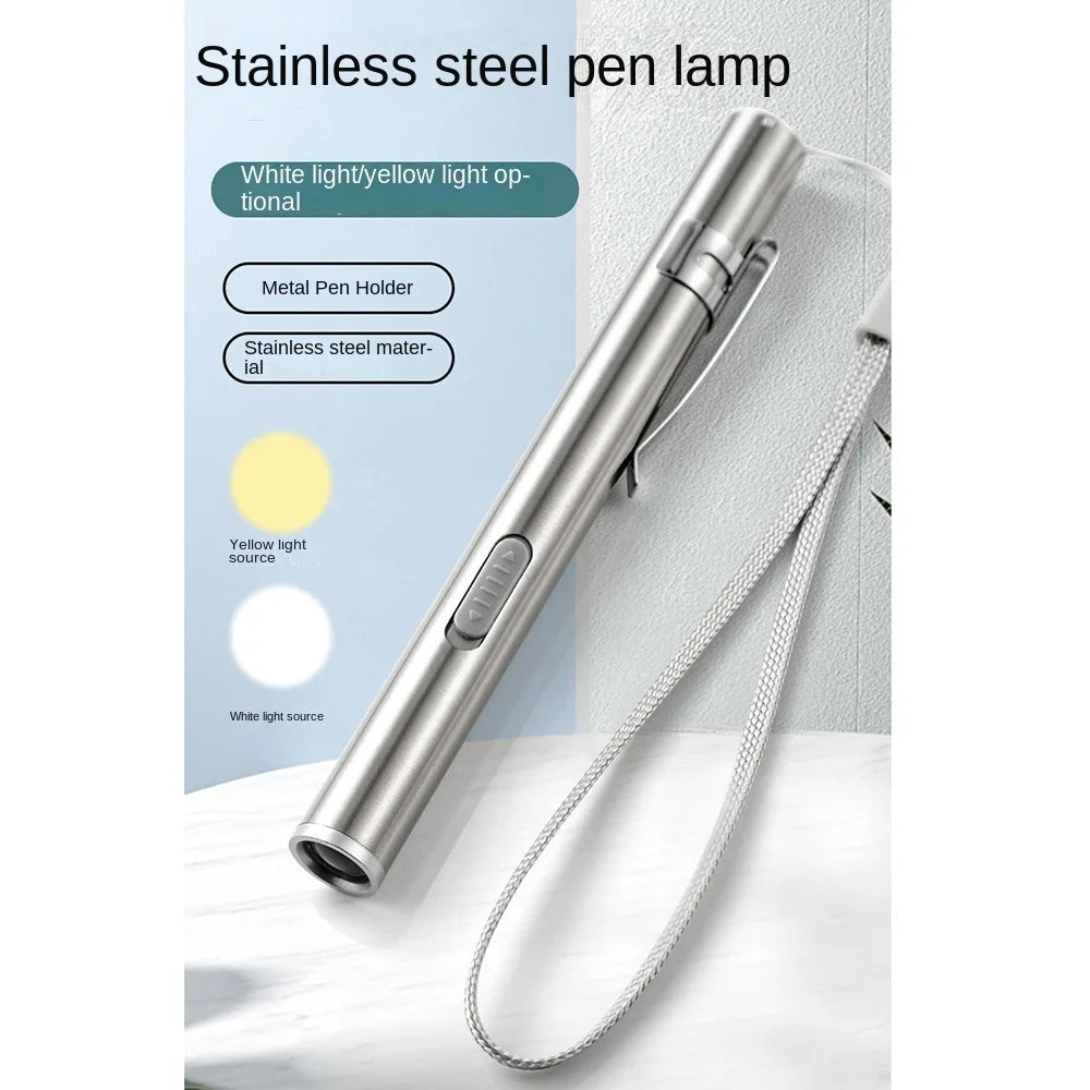 Stainless Steel Doctors Pen Light Yellow/ White Light with Steel Clip Nurse Pocket Flashlight Portable Water-proof