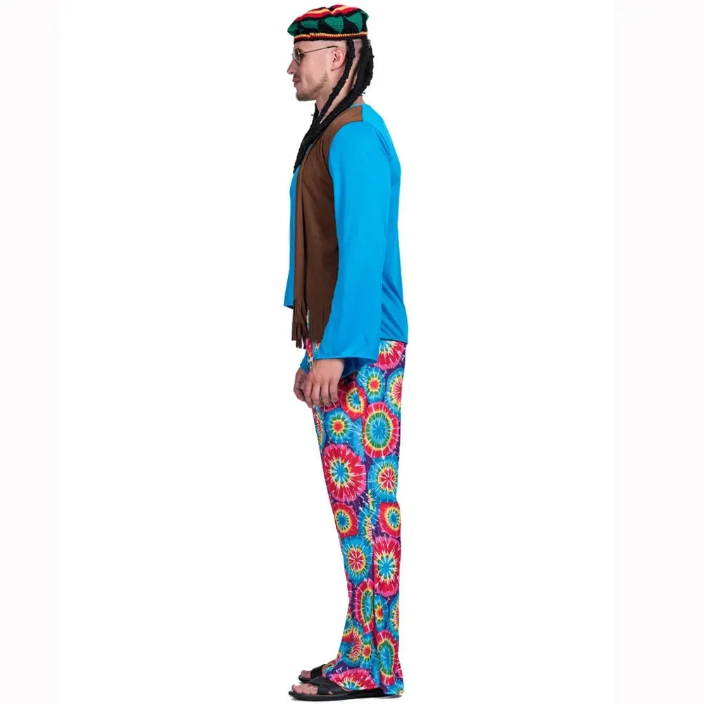 Halloween Costume d'Halloween pour Homme, Ensemble Pantalon, Chemise, Frange, Cadre en Verre, Collier, Chapeau Rasta, Dreadlocks