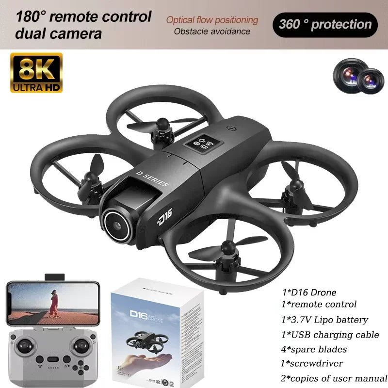 D16 Mini RC Quadcopter Drone Wide Angl 1080P HD Dual Camera 5G WIFI FPV UAV Obstacle Avoidance Optical Flow Perfect  Outdoor Toy