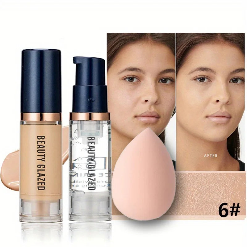 BEAUTY GLAZED 3Pcs Face Makeup Set, Matte Long Lasting Waterproof Liquid Foundation+Primer+Puff