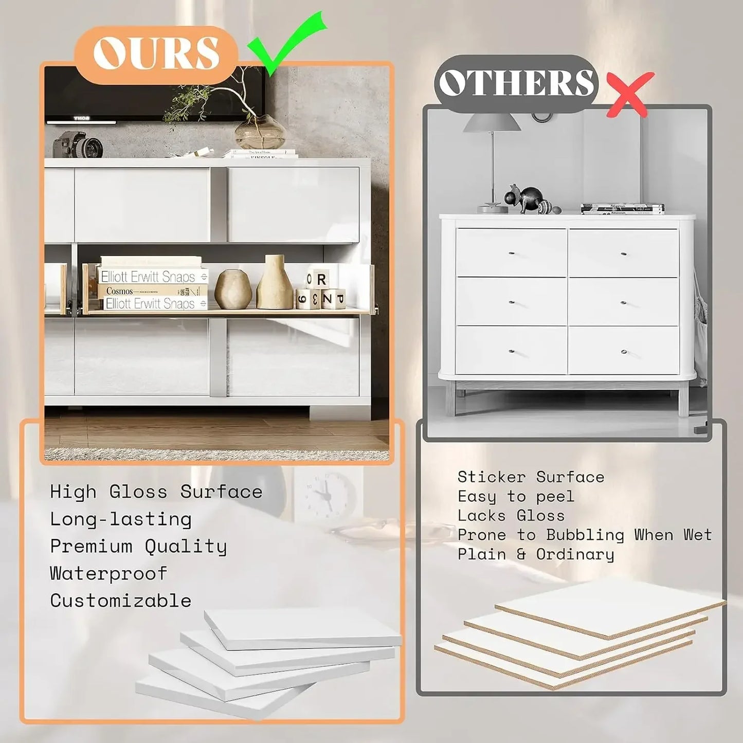 54" W High Gloss 6 Drawers Dressers with Silver Grooved Handles, Modern Storage Chest of Drawers with Wide Tabletop, for Bedroom