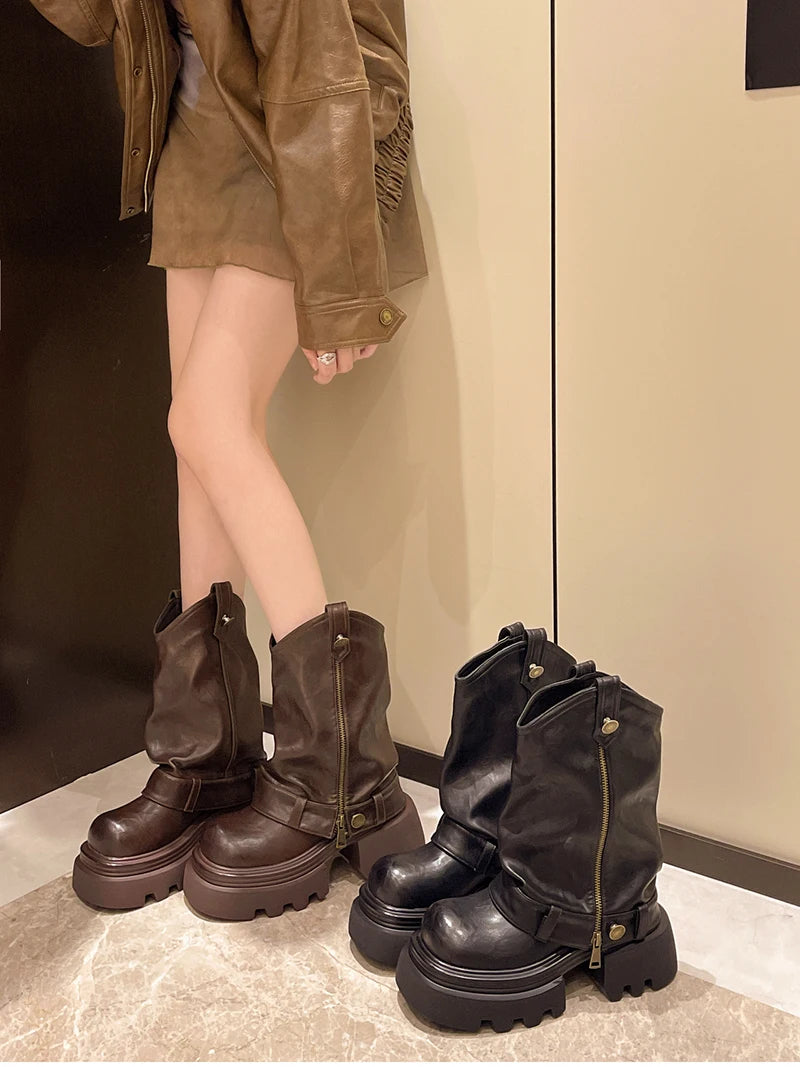 Designer Vintage Women Ankle Boots Fashion Slip On Knight Short Booties Ladies Casaul Platform Heels Botas Mujer