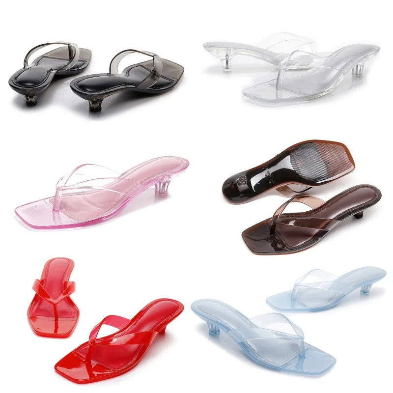Vacation Elegant Kitten Heel Thong Sandals, Square Toe Clear Brown Jelly Flip Flops, Women Summer Comfortable Beach Party Shoes