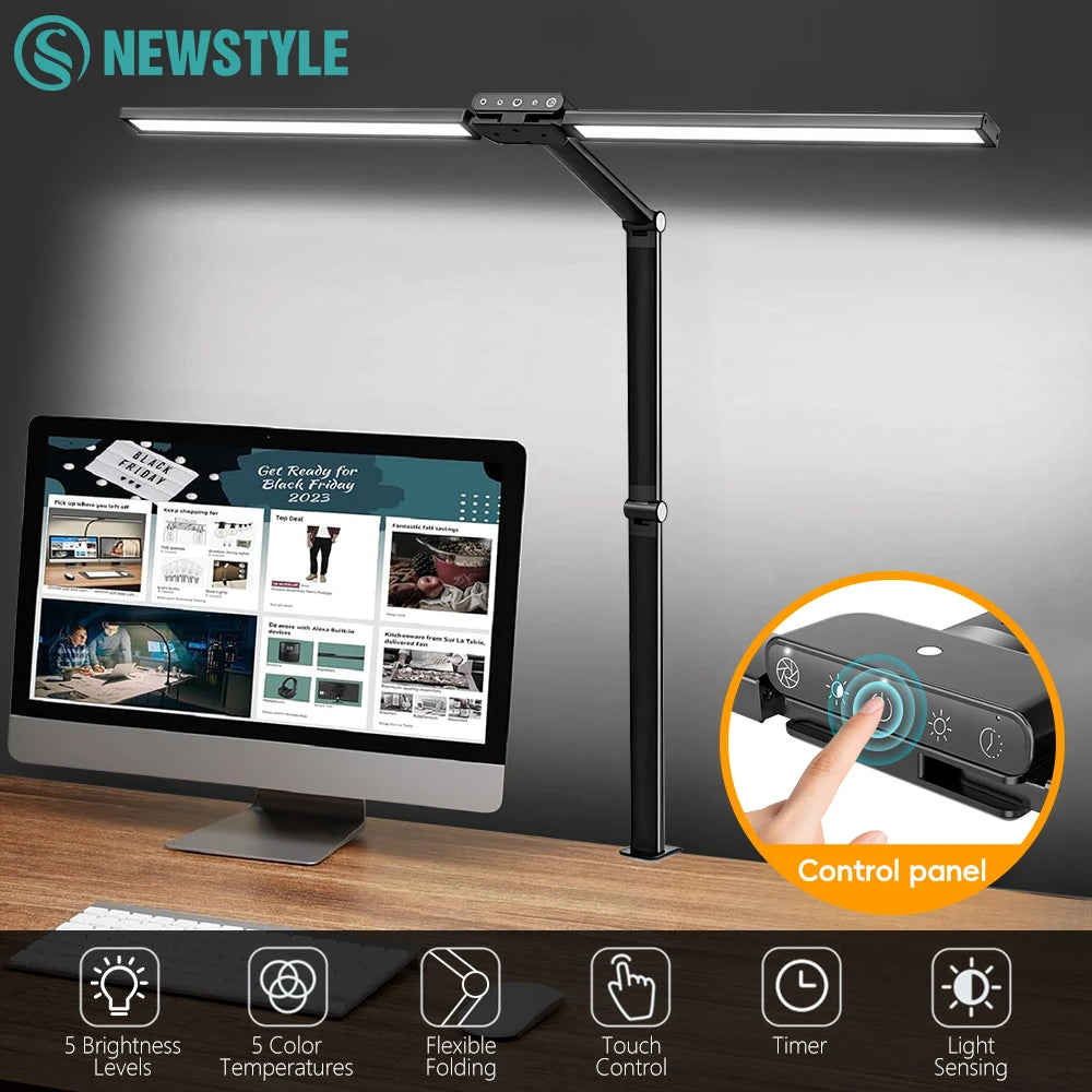 Home LED Eye-Care Reading Desk Lamp with Memory Timer Function 3200K-6500K Stepless Dimming 1800LM 2-Head PC Monitor Table Light