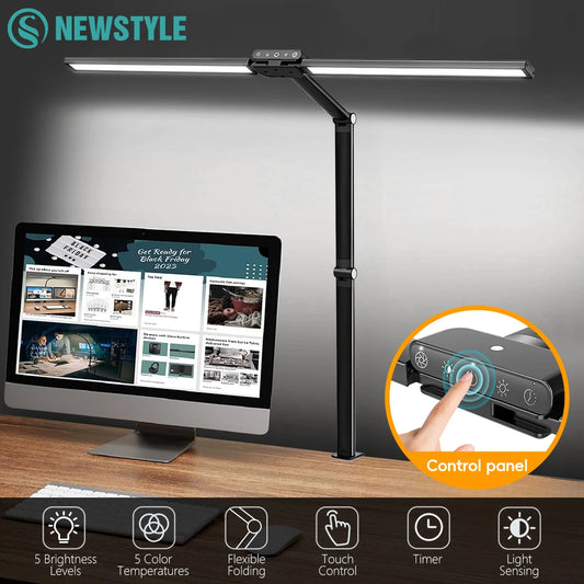 Home LED Eye-Care Reading Desk Lamp with Memory Timer Function 3200K-6500K Stepless Dimming 1800LM 2-Head PC Monitor Table Light