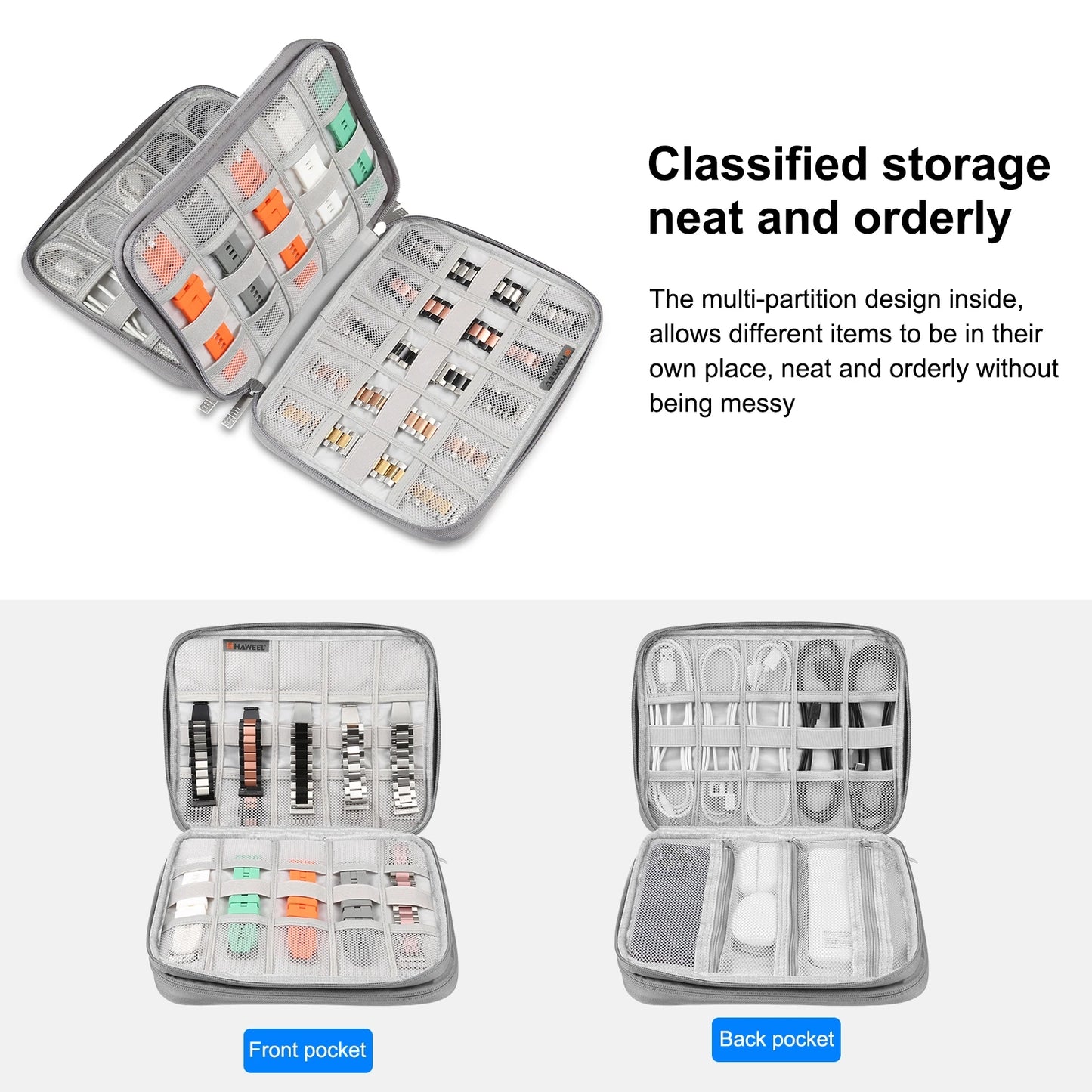 HAWEEL Watch Band Organizer Bag Box Earphones / U Disk / Digital Cable SD Card Phone Adatper Storage Case  25.5 x 20.5 x 4.5cm