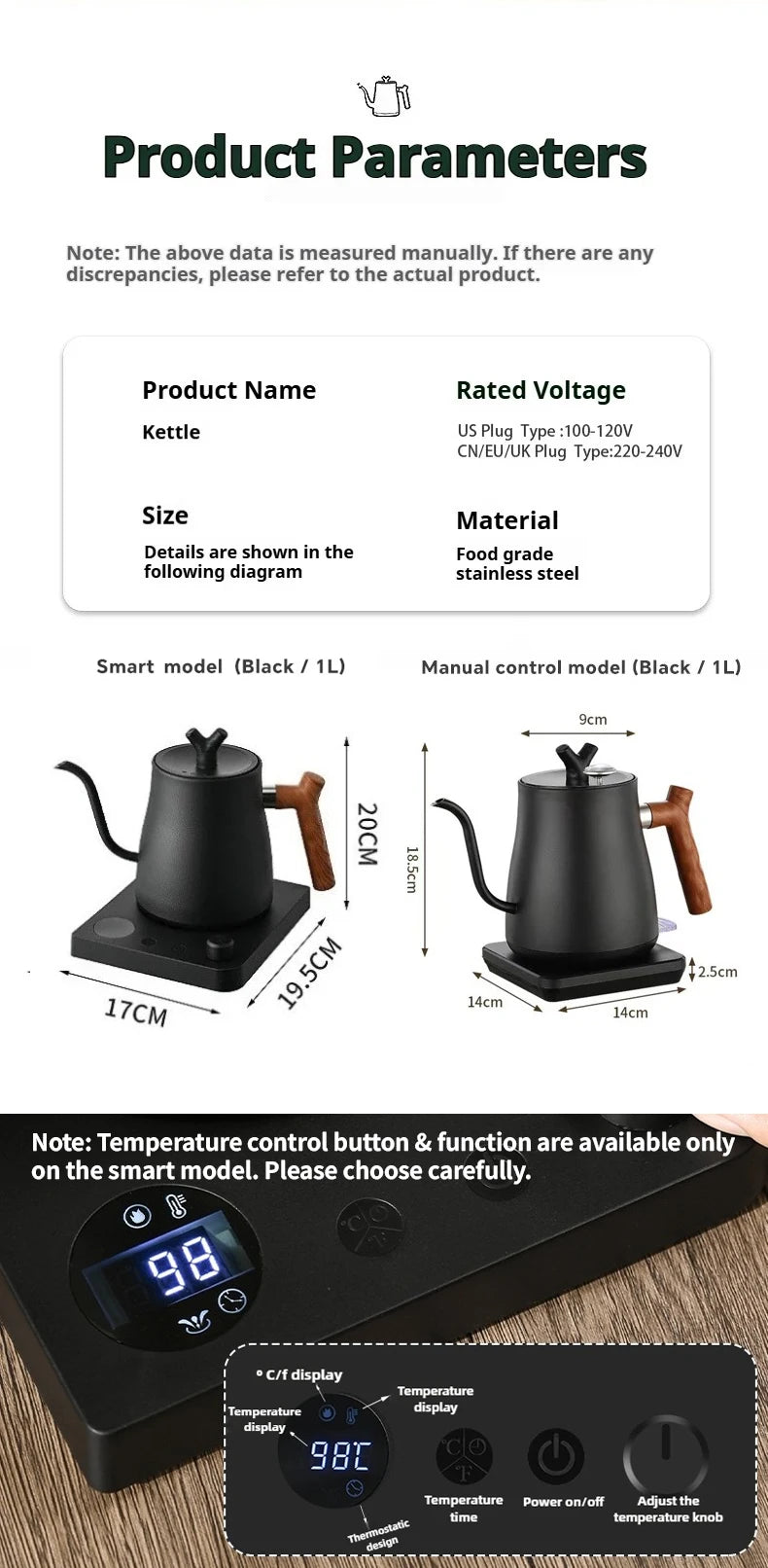 1L Stainless Steel Electric Kettle, Auto Shut-Off, for Pour-Over Coffee/Tea, Smart Temp Control & Mechanical Models