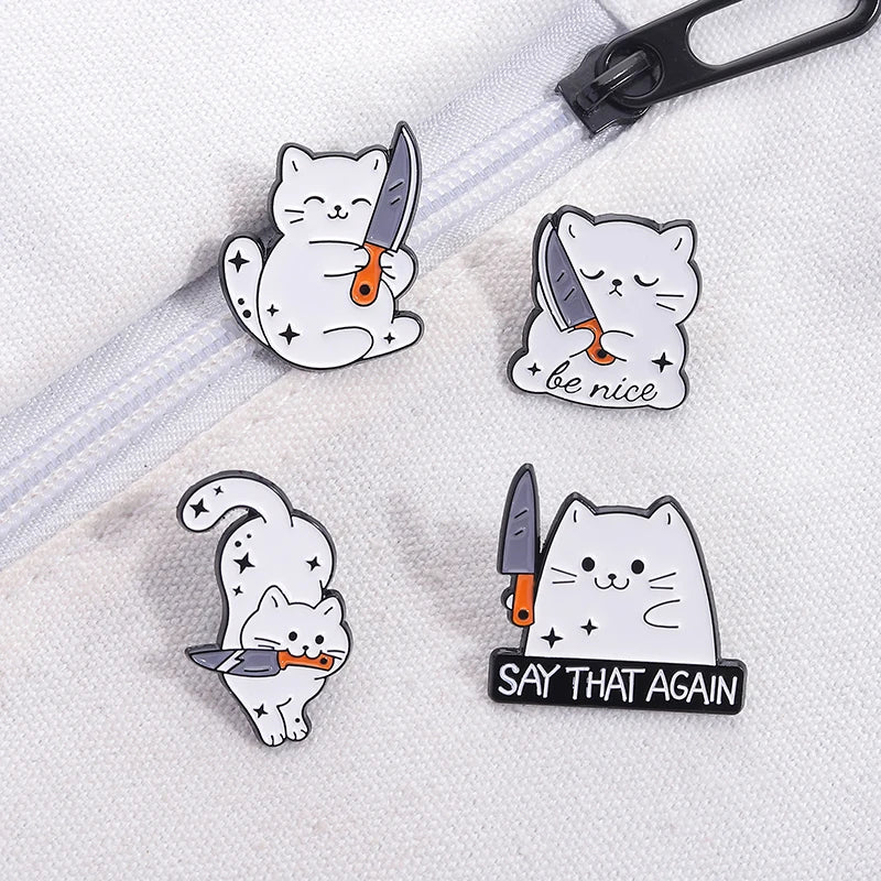 White Cat Holding Knife Enamel Pins Threatening Provoking Quotes Say That Again Brooch Bag Lapel Badge Jewelry Fans Gifts
