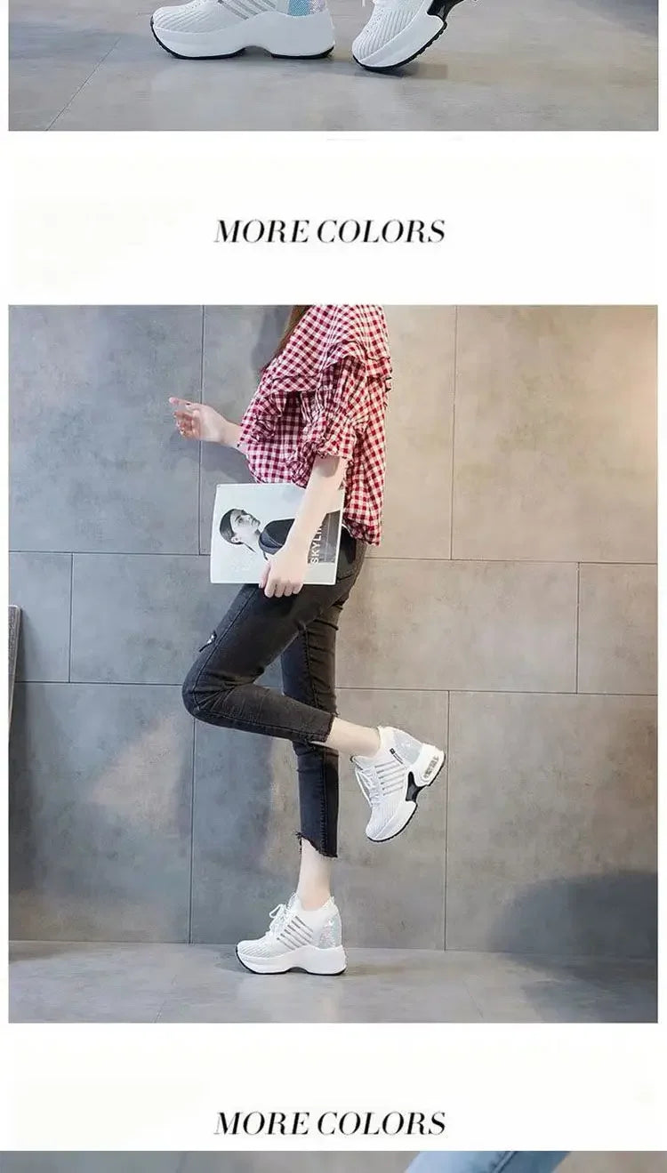 2025 Women's Sneakers Spring Sequined Casual Shoes Woman Platform Heels Wedges Height Increasing Knitted Ladies Vulcanized Shoes