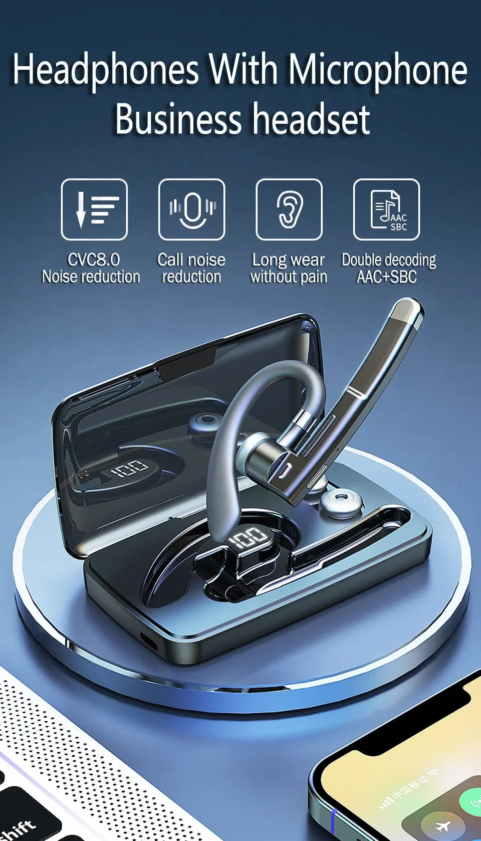 YYK-520 Wireless Headset Gaming Earphone with Built-in Mic for Driving Business Office Compatible with All Smart Phone