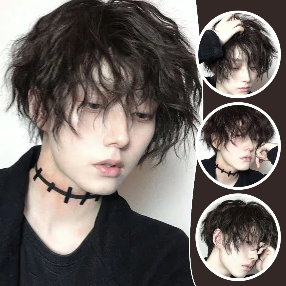 Synthetic Trend Men Short Natural Curly Wig Black With Bangs Head Type Hair Extension Styling Tools For Cosplay Party Headwear
