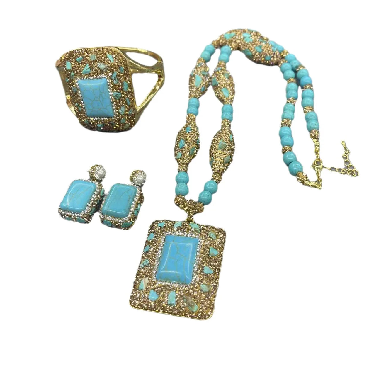 Vintage Turquoise Jewelry Fashionable Inlaid with Turquoise Jewelry Necklace Earrings Ring Bracelet for Women Party Gift