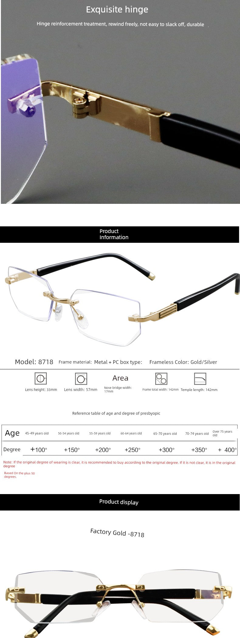 Glasses HD Anti-Blue Ray Rimless Brand Reading Glasses