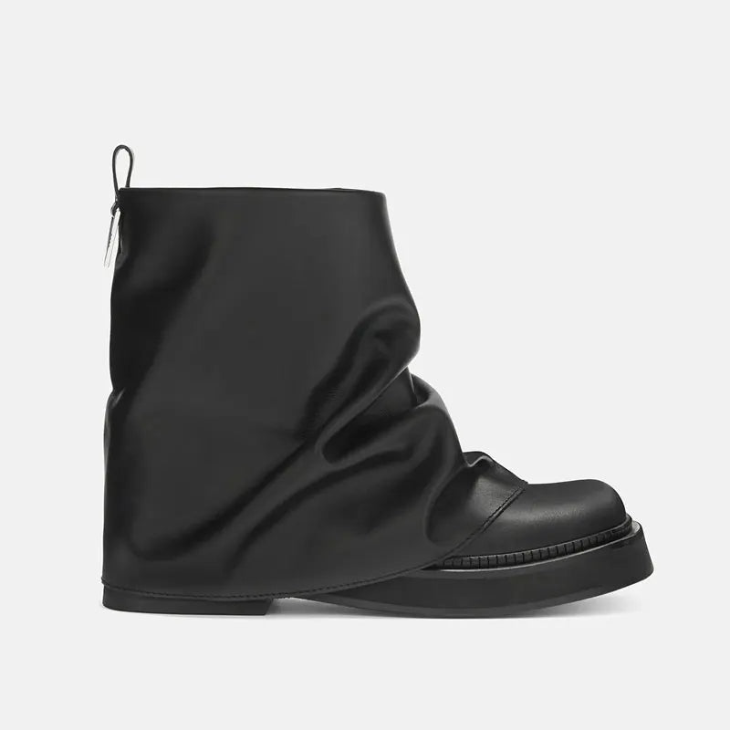 Women's New Autumn and Winter Calf Boots with Pleated Thick High Heels and Fashionable Oversized Street Leather Mid Leg Boots