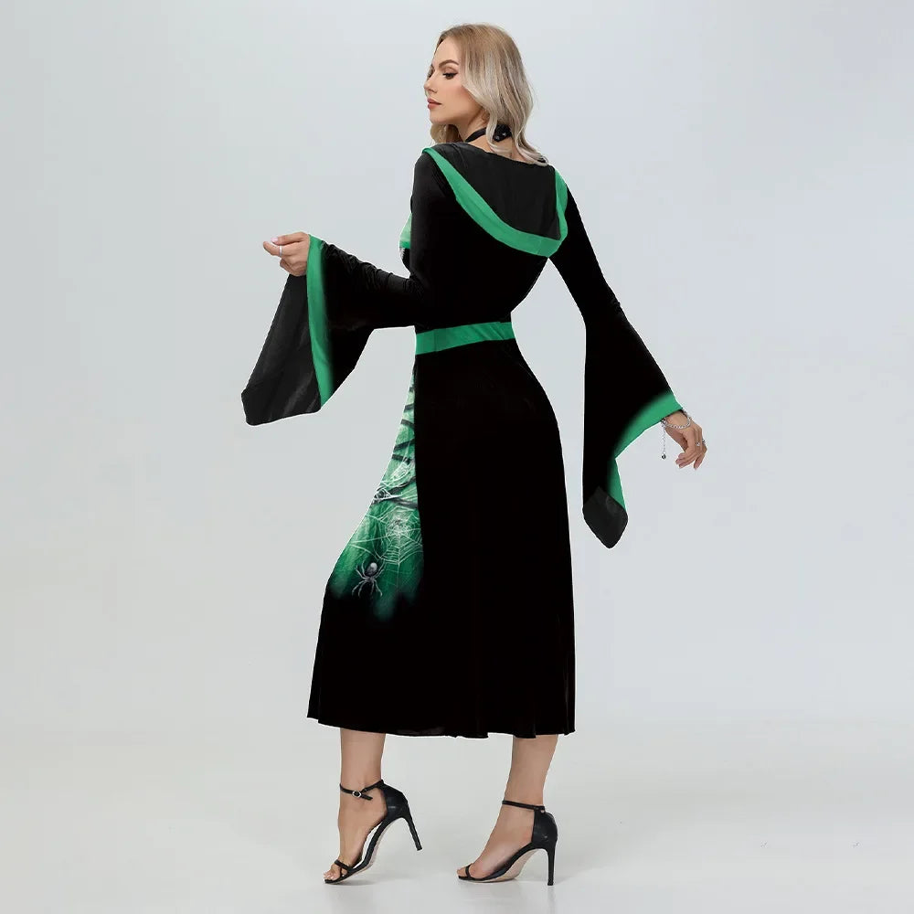 Halloween Skeleton Cosplay Costumes for Women Medieval Robe Vintage Party Hooded Dress Witch Scary Clothes Day of The Dead