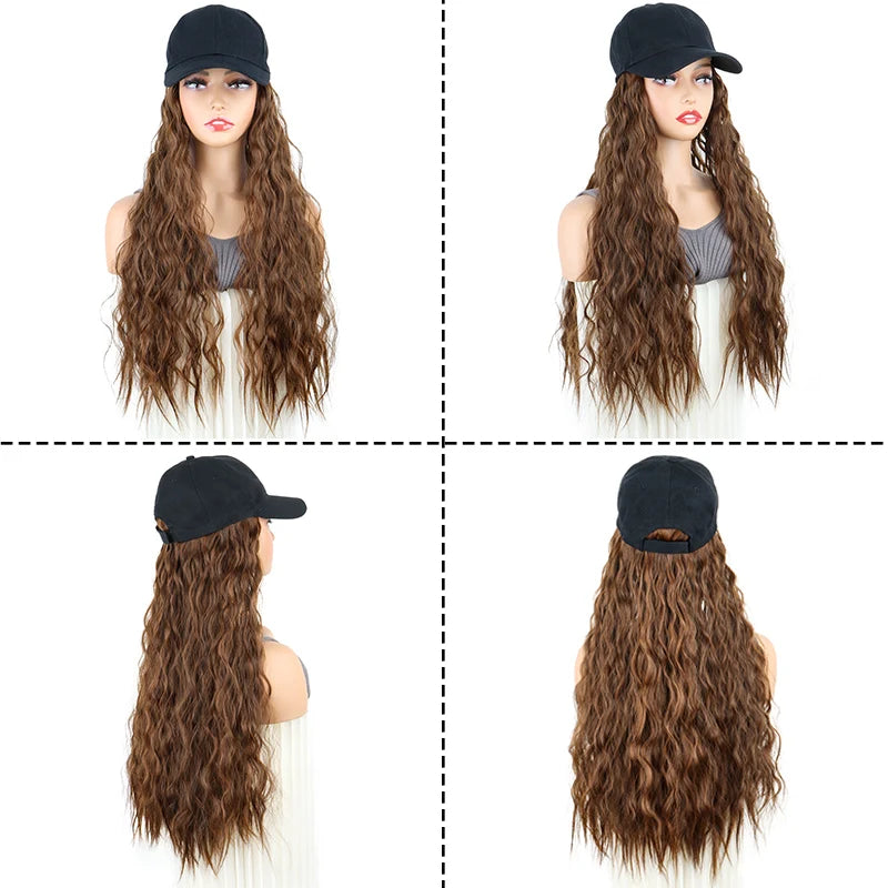 24Inch Synthetic Long Kinky Curly Hair Extension Wigs Baseball Cap Hat  Adjustable One-piece Wigs for Women