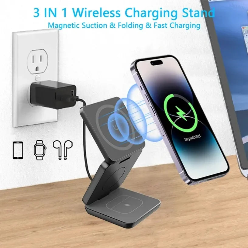 3 in 1 Foldable Magnetic Wireless Charger Stand for MagSafe Compatible iPhone 17 16 15 Apple Watch AirPods Pro 2 Strong Magnetic