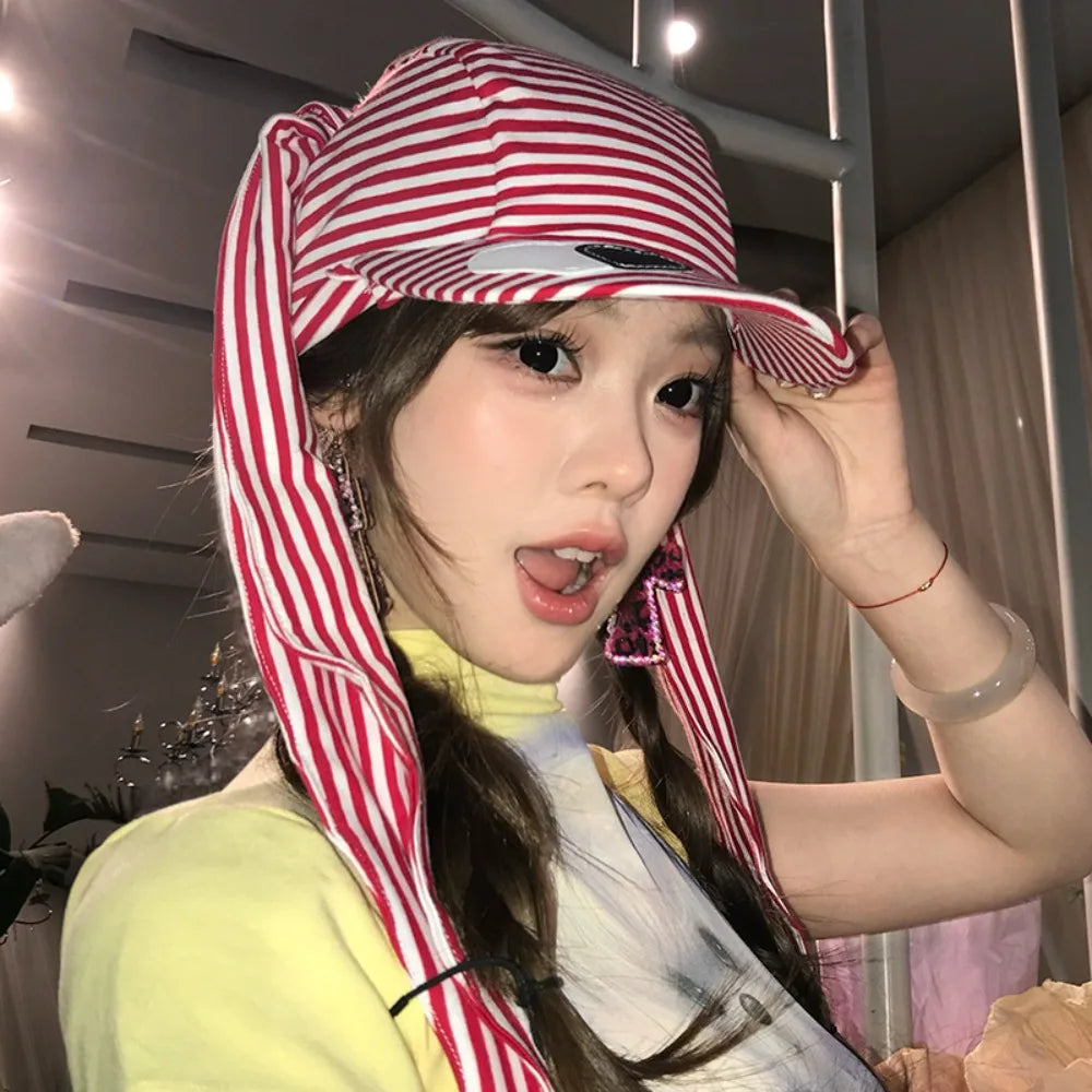Apparel Accessories Rabbit Bunny Ears Baseball Cap Cotton Sunscreen Lop Ear Cap Hip Hop Y2K Heart Stripe Hat Street