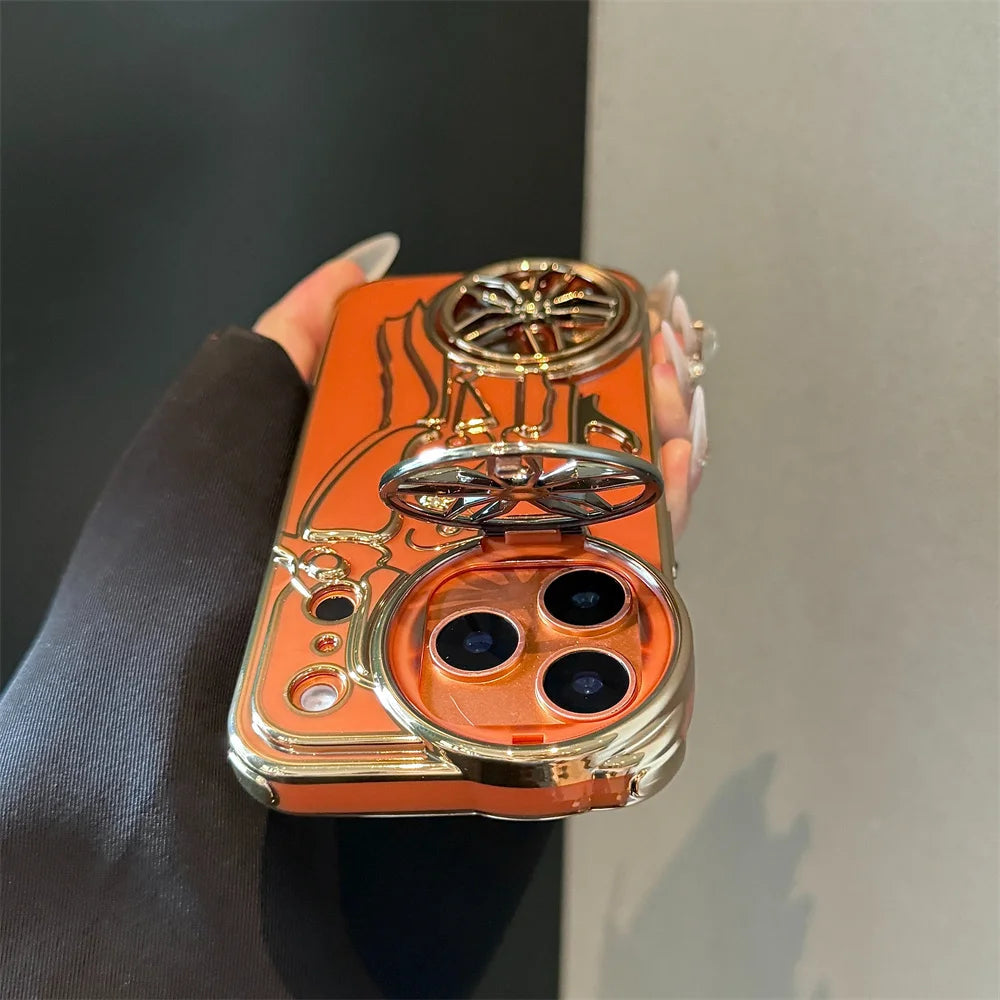 Motorcycle 3D Flip Up Bracket Lens Protection Case for iPhone 12 13 14 15 Plus 16 17 Pro Max Airbag Shockproof Solid Color Cover