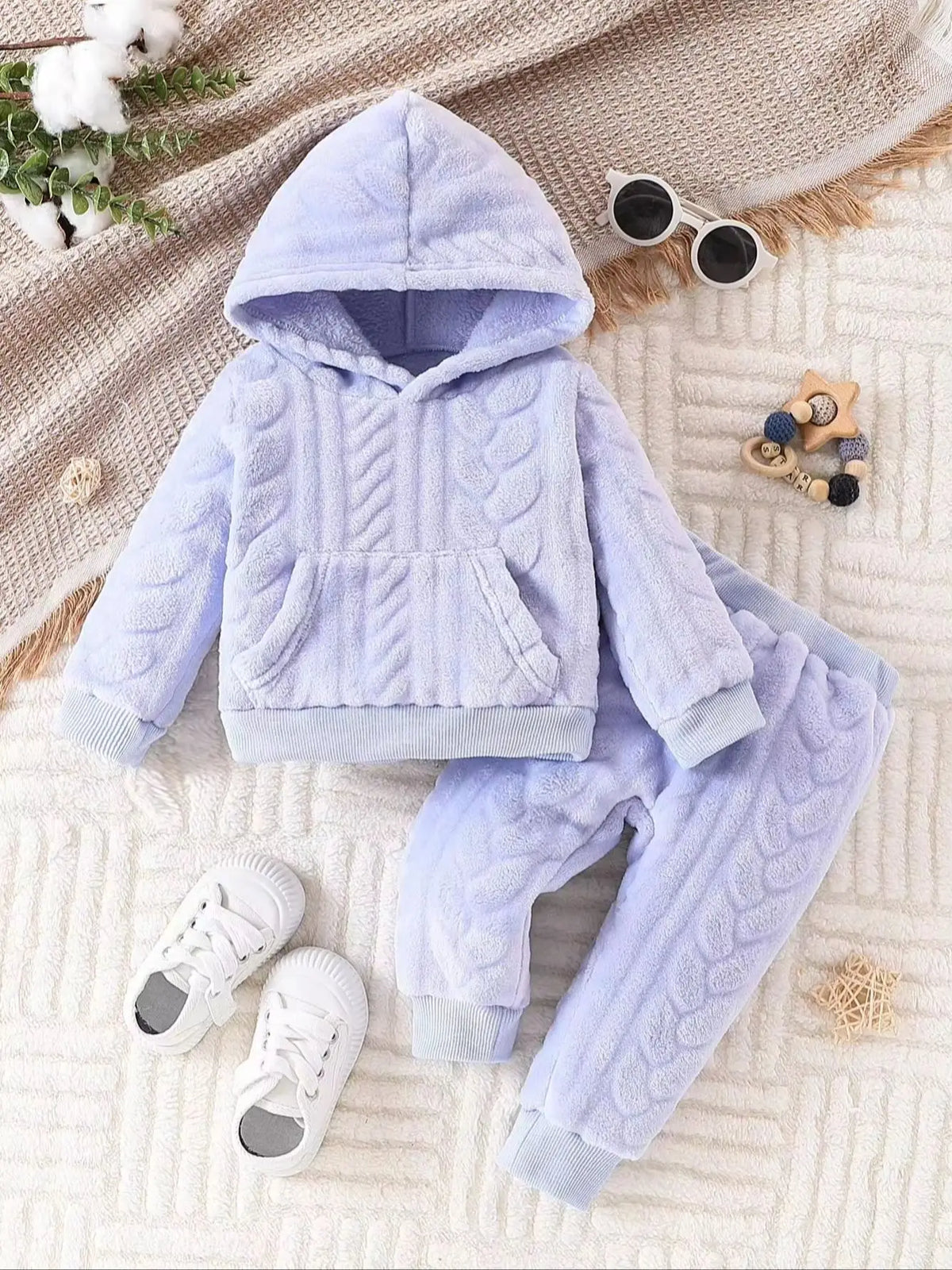 Baby 3M-24M Fleece 2Pcs Outfit Set Hooded Sweatshirt + Pants Solid Cable Texture Warm Autumn Winter Infant Casual Clothes