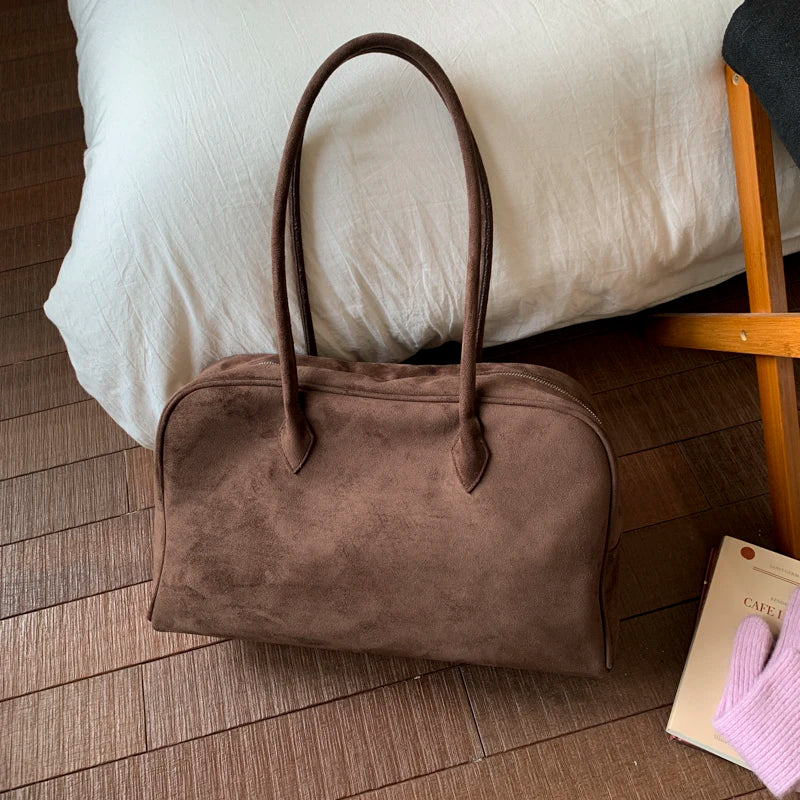 Vintage Women Business Shoulder Bags Simple Ladies Commute Tote Bag Suede Leather Female Underarm Bag Burgundy Large Handbags