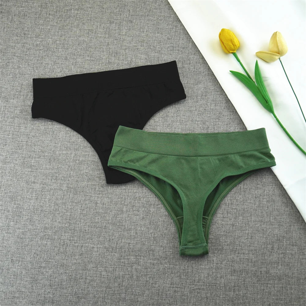 2pcs High Elastic Women T-back Seamless Plus Size Sports Underwear Solid Color Mid Waist Sexy Thong Europe Size S/M/L/XL/XXL