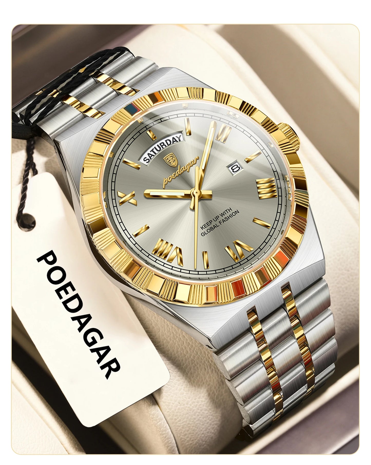 POEDAGAR Original Male Watch Luminous Waterproof Week Date Men Wristwatch Stainless Steel Business Quartz Men's Watches Gift+Box