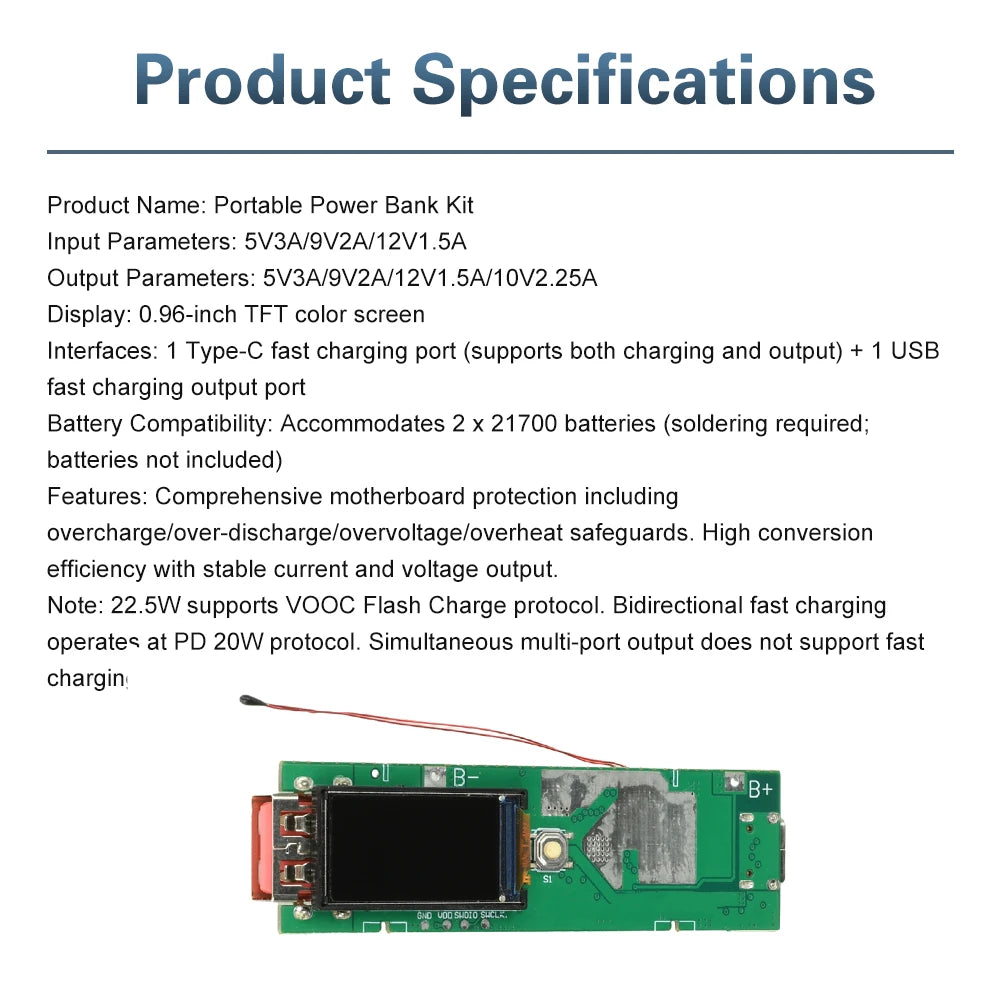 22.5W Fast Charging Module with TFT Color Display DIY Power Bank Kit for PD/QC/VOOC Dual Port Portable Charging