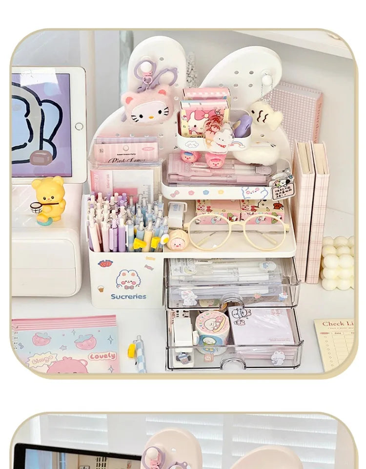 Desktop Hole Board Storage Box Desk Organizer Girls Cute Pen Holder Storage Stationary Rack Korean Kawaii Bunny Cosmetic Shelf