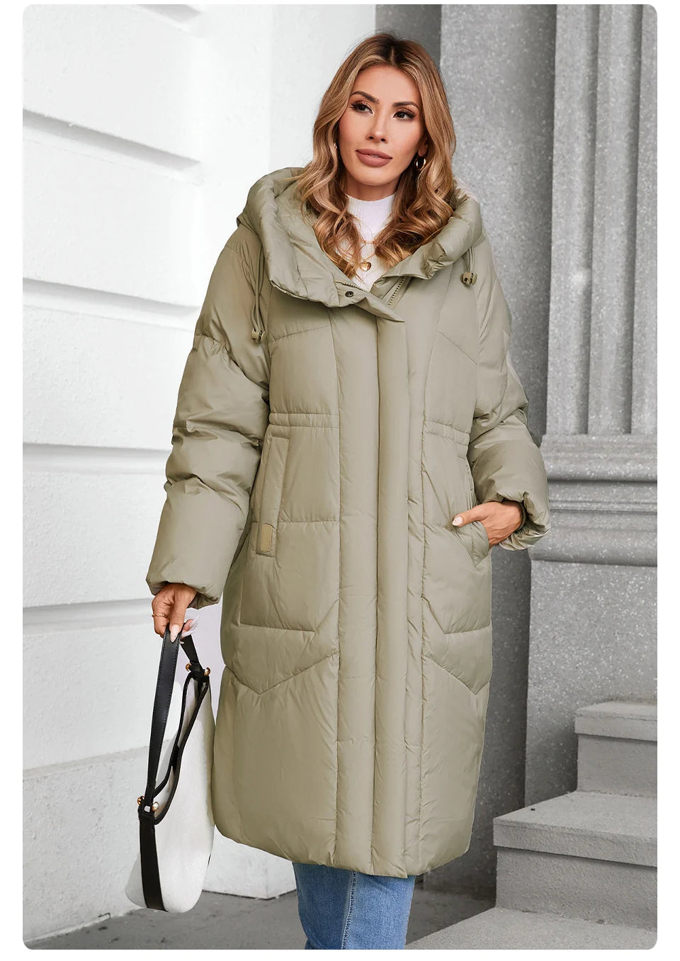 GASMAN 2024 Winter Down Jacket Women Long Classic zipper Design Pocket Stand Collar Hooded Slim Coat Women Parkas 88590