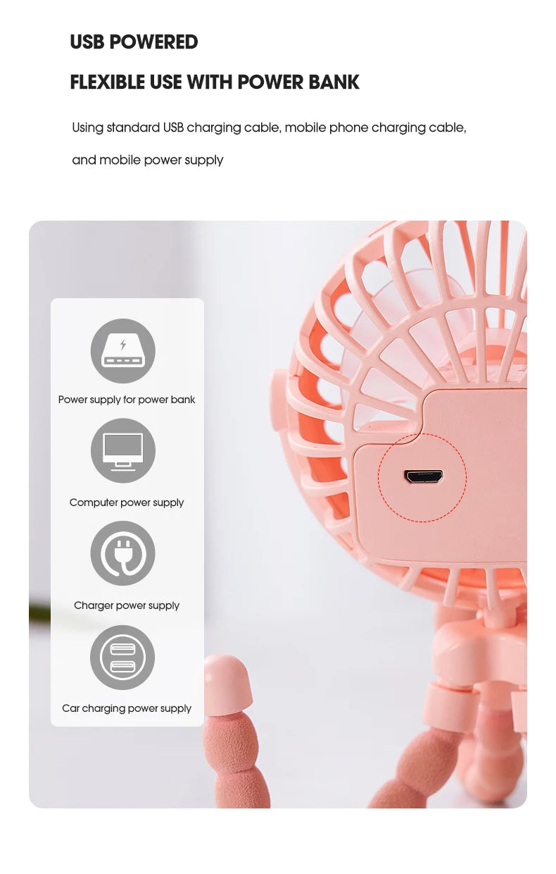Baby Stroller Octopus Fan Anti Pinch Hand 3-speed Small Night Light USB Mini 3-speed Charging Small Fan