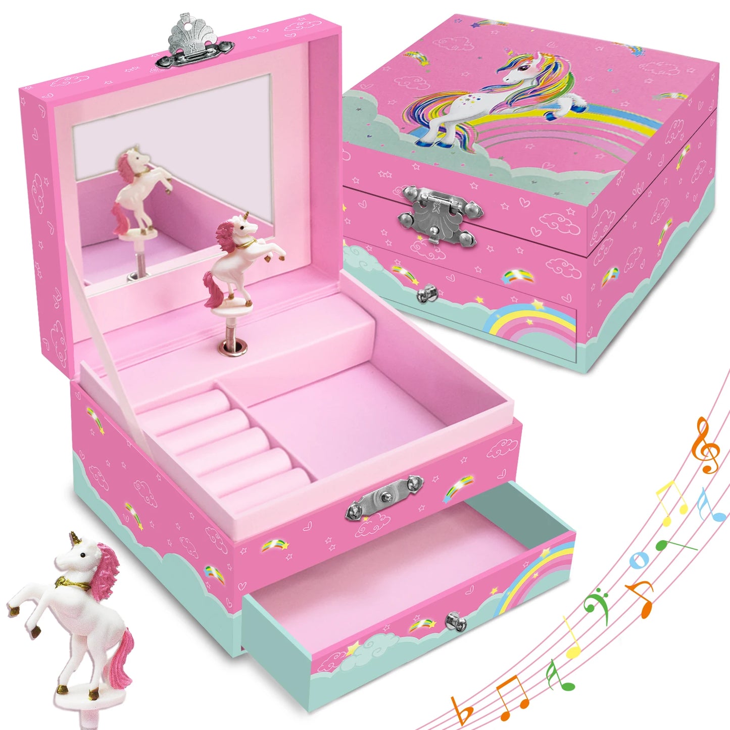 Unicorn Jewelry Box - Jewelry Box with Drawer and Music, Adorned with a Dancing Unicorn Ideal for jewelry storage, as a gift