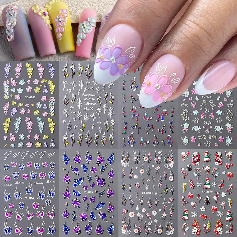 1Pc 3D Lavendar Flowers Stickers for Nails Spring Sakura Floral Leaves Self-Adhesive Sliders Decals Art Manicure for Decoration