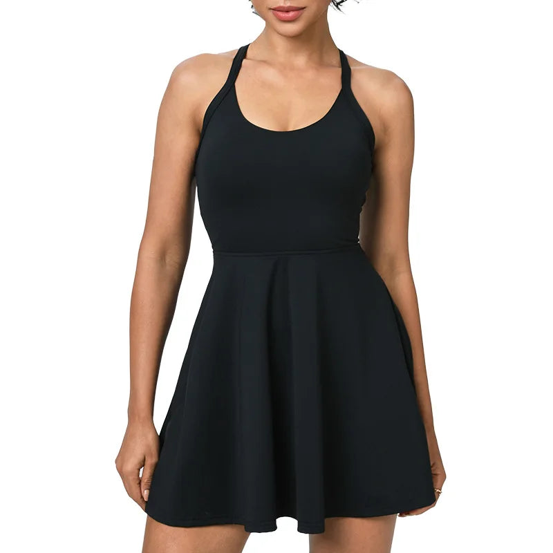 Summer Women Sexy Backless Tennis Dress Sleeveless A-lined Athletic Dress Built-in Bra & Shorts Ladies Elastic Workout Skirts
