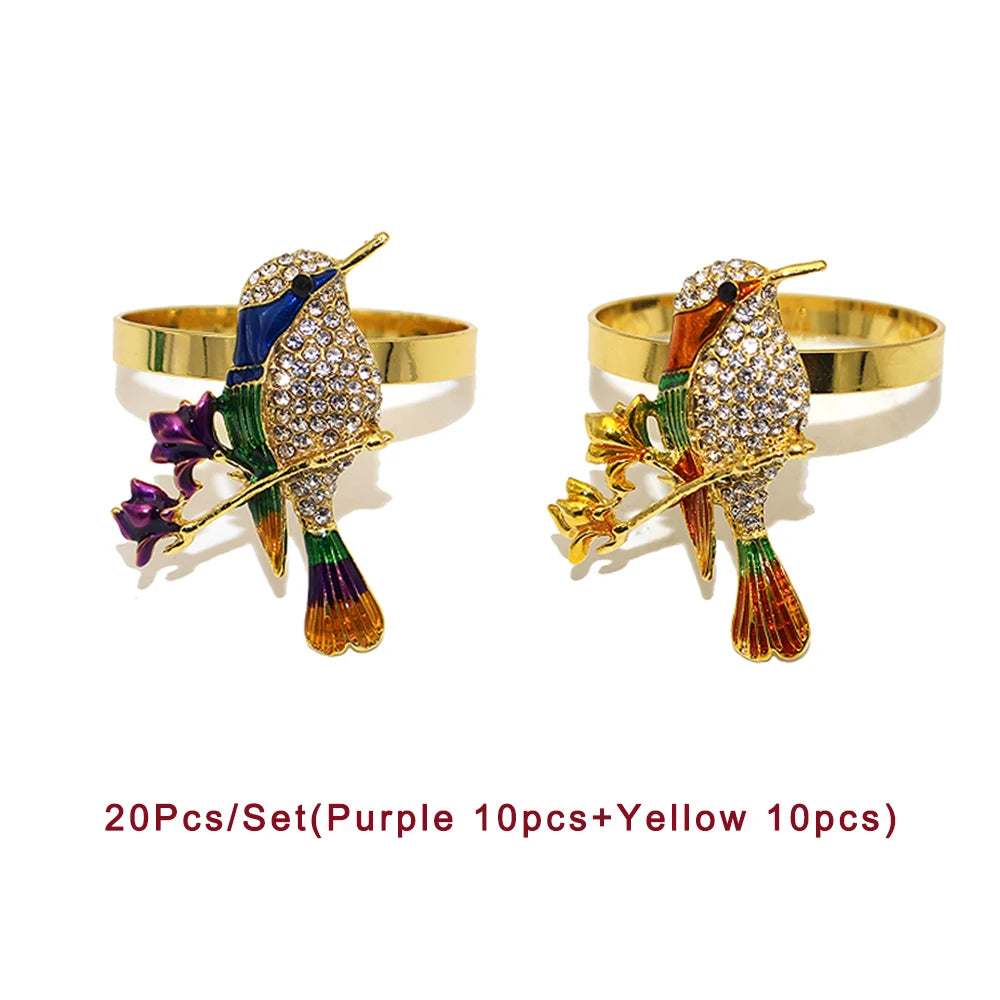 20Pcs Crystal Bird Tree Branch Napkin Rings Rhinestone Hummingbird Animal Napkin Holder for Christmas Wedding Dinner Party Decor