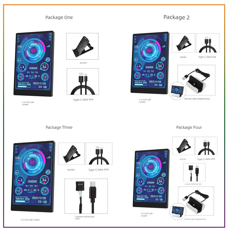 Turing Zhixian 3.5-Inch Computer Chassis Sub-Screen IPs Full View USB-C Sub-Screen Computer Temperature Monitoring