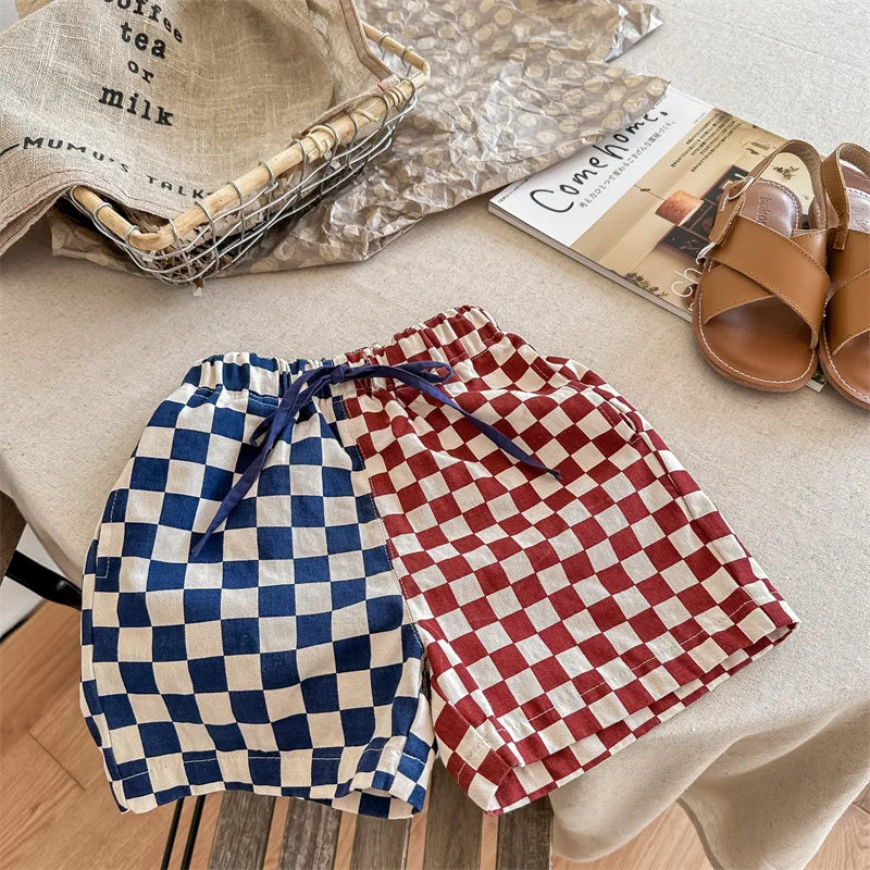 deer jonmi 2023 Summer Korean Style Children Plaid Patchwork Shorts Baby Boys Casual Chic Loose Shorts Kids Clothes
