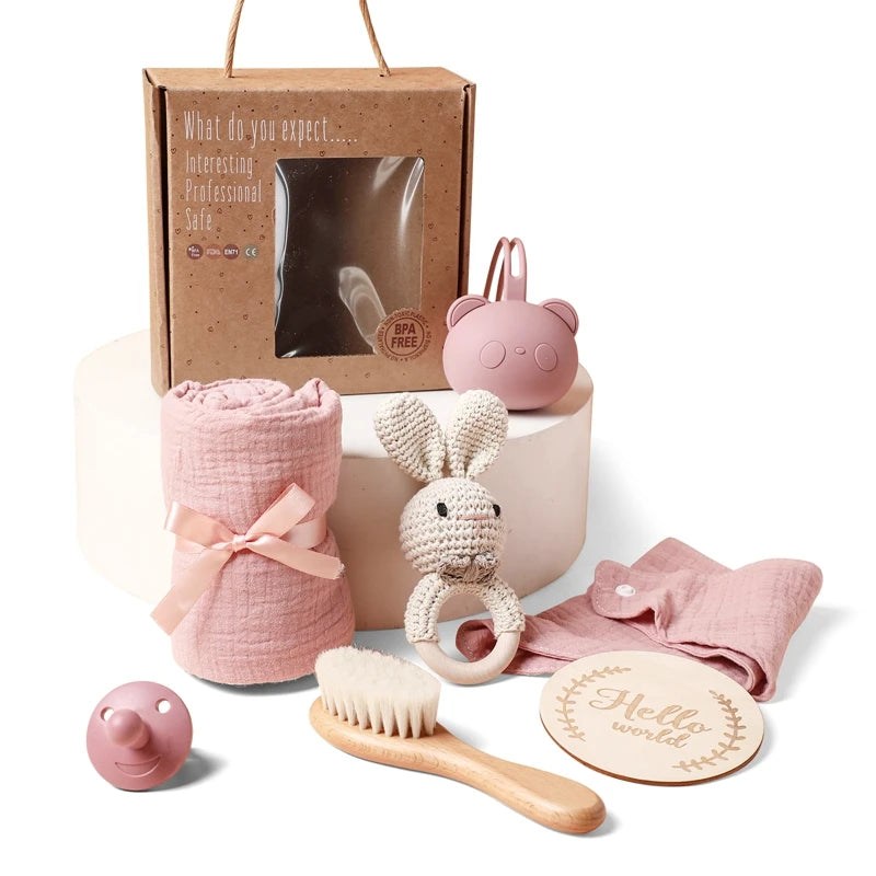 Baby Bathing Mouth Water Towel Pacifier Set Baby Full Moon Milestone Cards Wood Ring Rattle Bath Towel Wool Brush Birthday Gifts