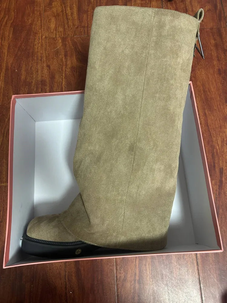 Women's New Autumn and Winter Calf Boots with Pleated Thick High Heels and Fashionable Oversized Street Leather Mid Leg Boots