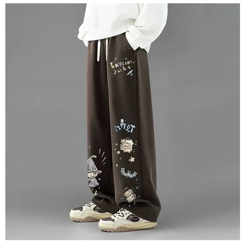 American Retro Graffiti Print Casual Pants for Men, Spring and Autumn Trendy Brand Loose Plus-size Straight Wide-leg Long Pants