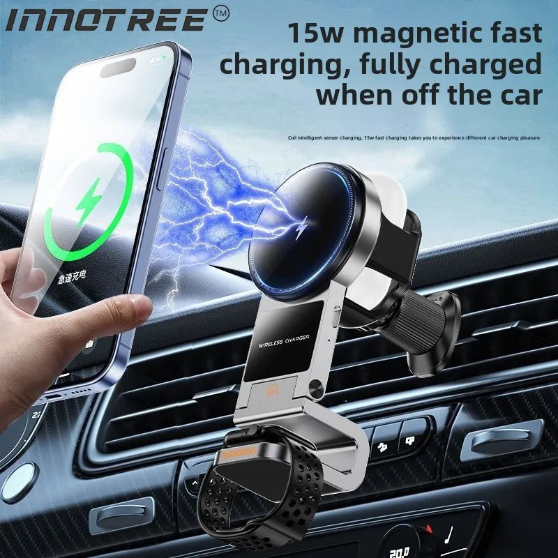 Magnetic Wireless Charger Car Phone Holder 15W Fast Charging  Air Outlet Hook Mount Stand for Magsafe IPhone 16 Earphone Iwatch